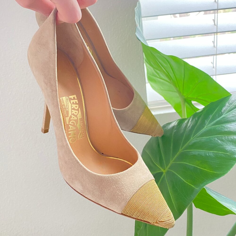 Authentic Salvatore Ferragamo Beige Suede Chain Detail Cap Toe Pumps